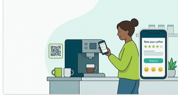 Person rating coffee machine experience on phone