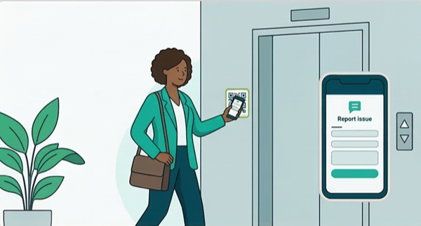 Person reporting elevator issue via QR scan