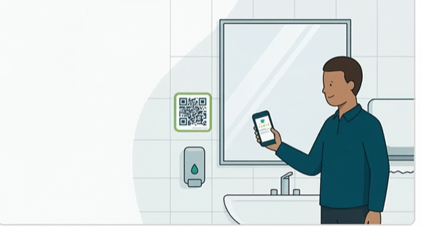 Person scanning QR code in a restroom