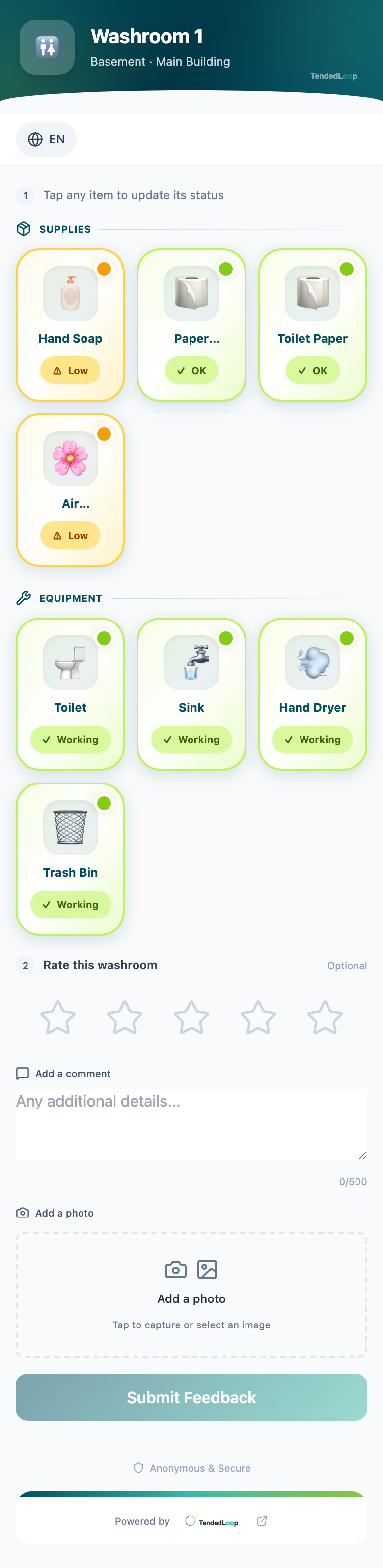 Visitor scanning QR code to report a facility issue